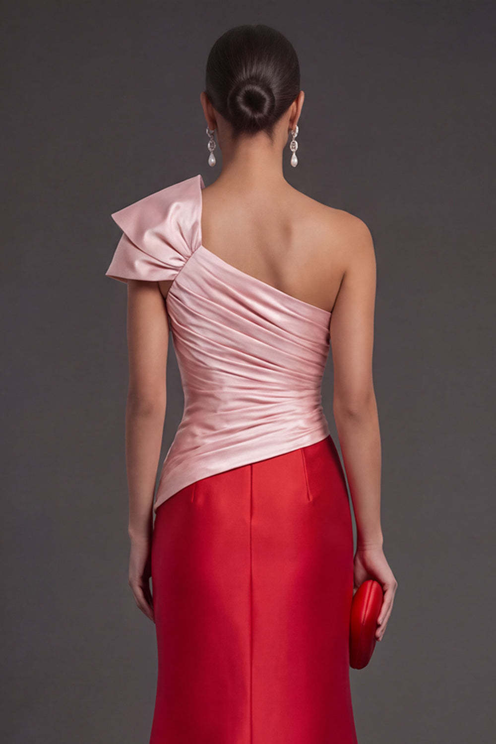 Pink and Red Mermaid Satin Ruched Long Formal Dress with Slit