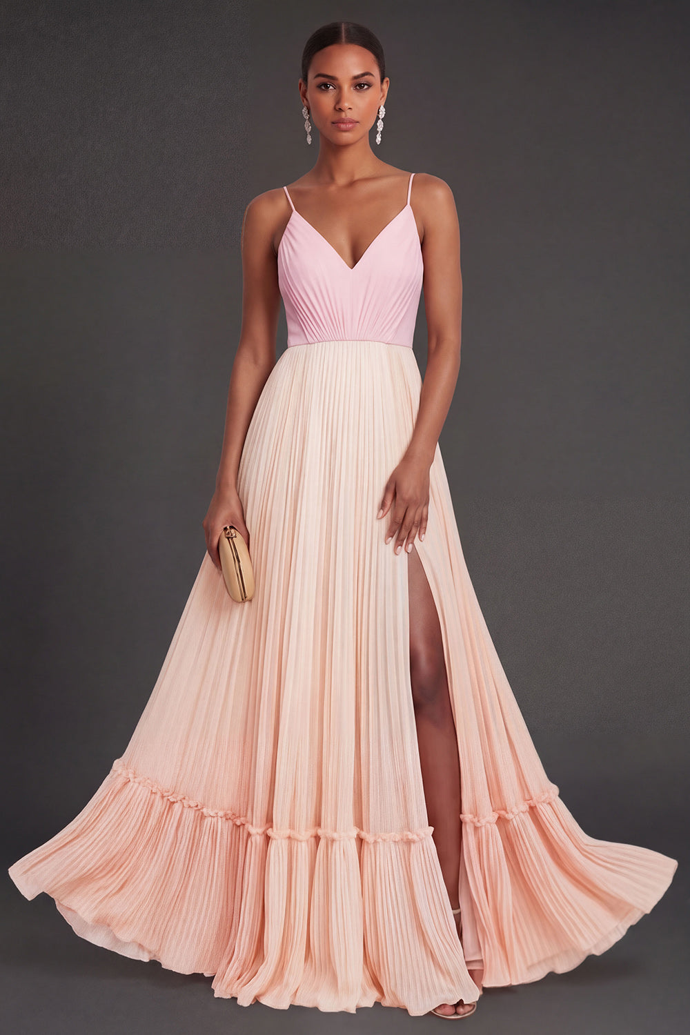 Pink and Champagne A Line Pleated Spaghetti Straps Long Formal Dress