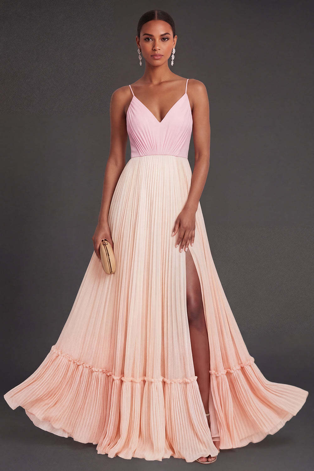 Leely Women Pink and Champagne A Line Spaghetti Straps Long Formal Dress Pleated Backless Sleeveless Wedding Guest Dress