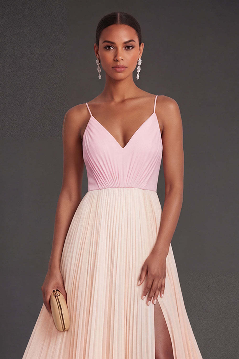 Pink and Champagne A Line Pleated Spaghetti Straps Long Formal Dress