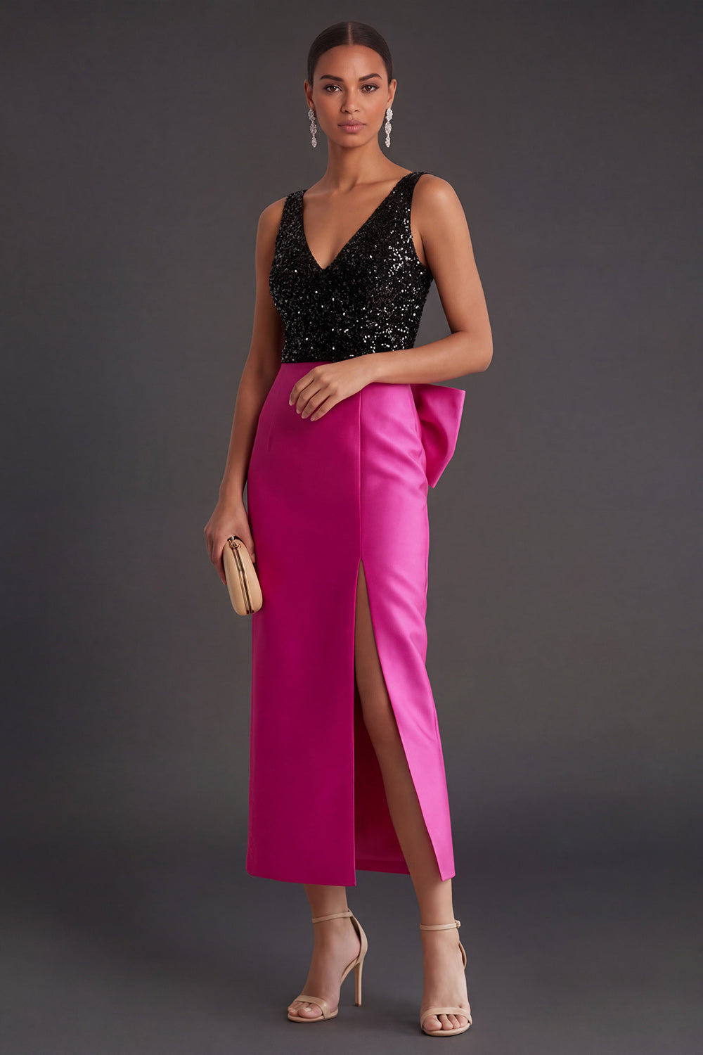 Sheath Fuchsia and Black Sparkly Beaded V Neck Long Formal Dress with Slit