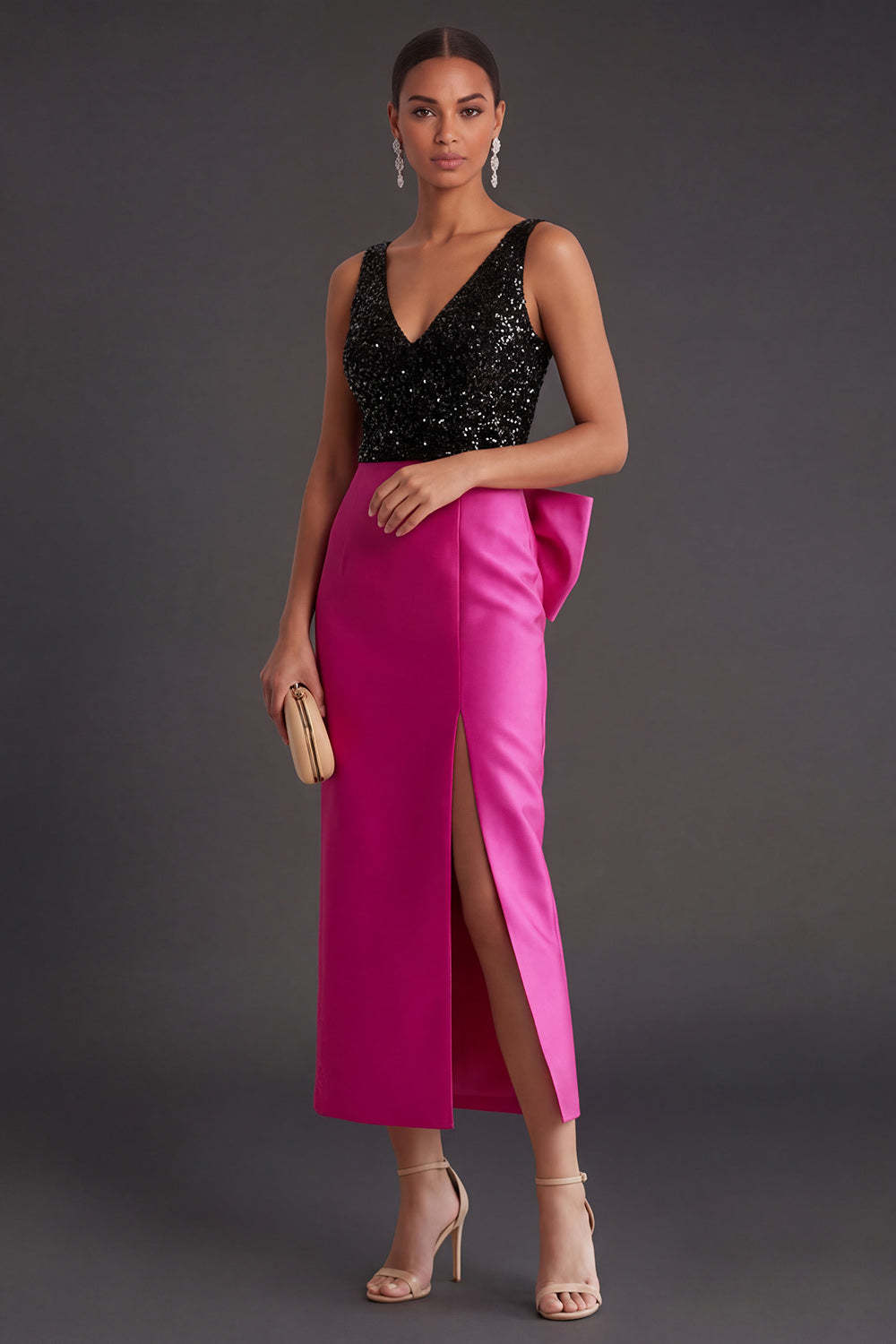 Leely Women Sheath Fuchsia and Black Sparkly Long Formal Dress with Slit Beaded V Neck Sleeveless Evening Dress