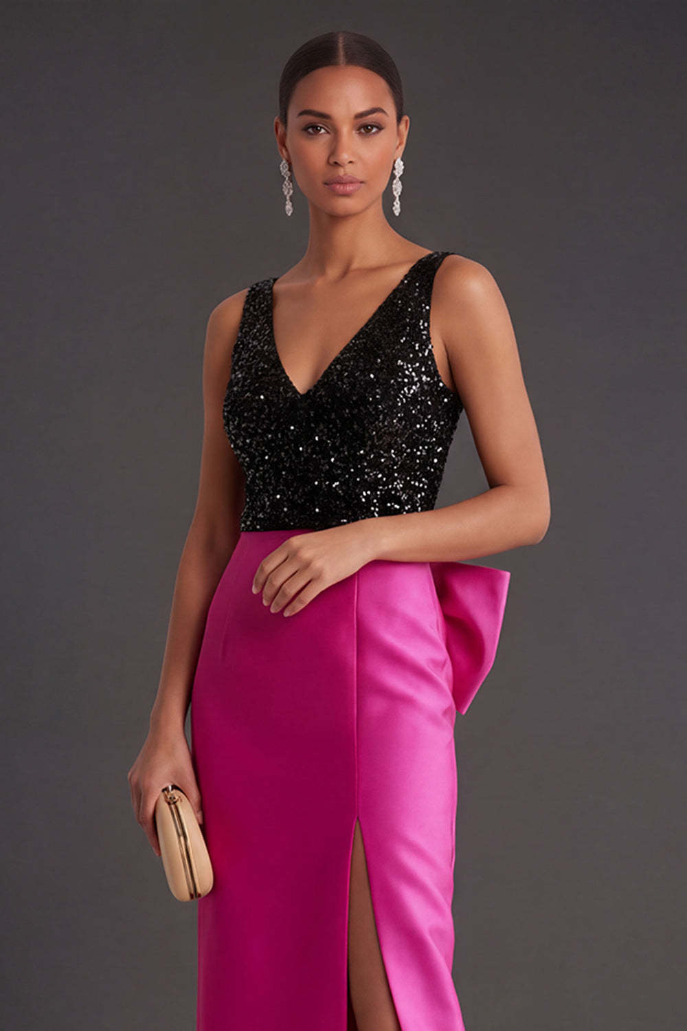 Sheath Fuchsia and Black Sparkly Beaded V Neck Long Formal Dress with Slit
