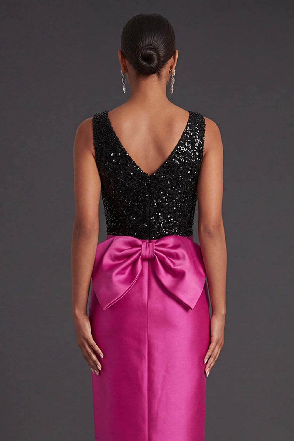 Sheath Fuchsia and Black Sparkly Beaded V Neck Long Formal Dress with Slit