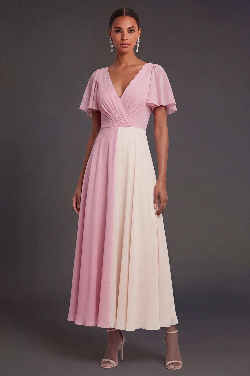 A Line Pink V Neck Short Sleeves Midi Formal Dress