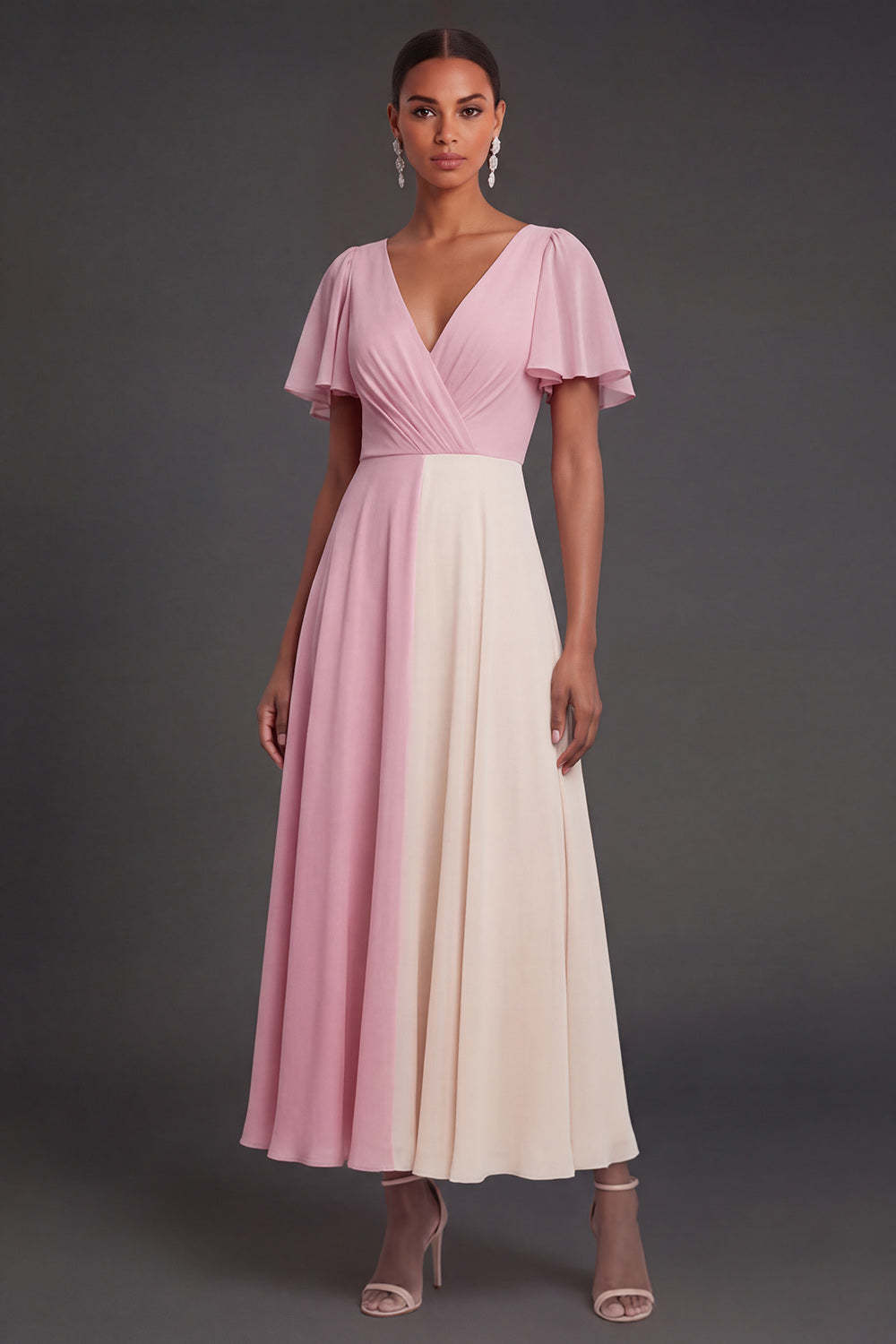 Leely Women A Line Pink V Neck Midi Formal Dress Short Sleeves Backless Wedding Guest Dress