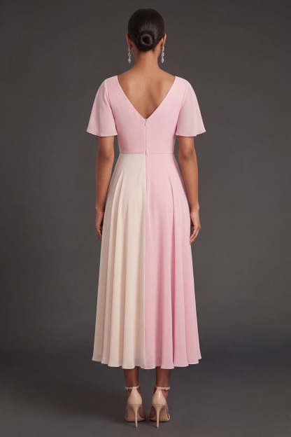 A Line Pink V Neck Short Sleeves Midi Formal Dress