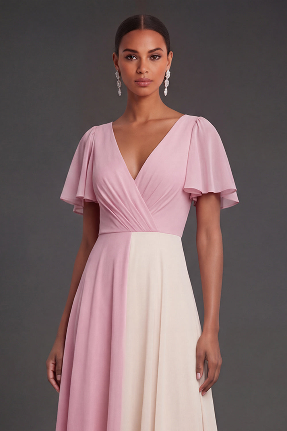 A Line Pink V Neck Short Sleeves Midi Formal Dress