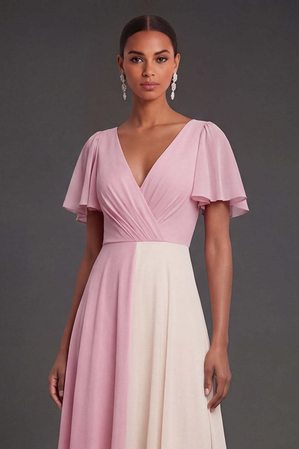 A Line Pink V Neck Short Sleeves Midi Formal Dress