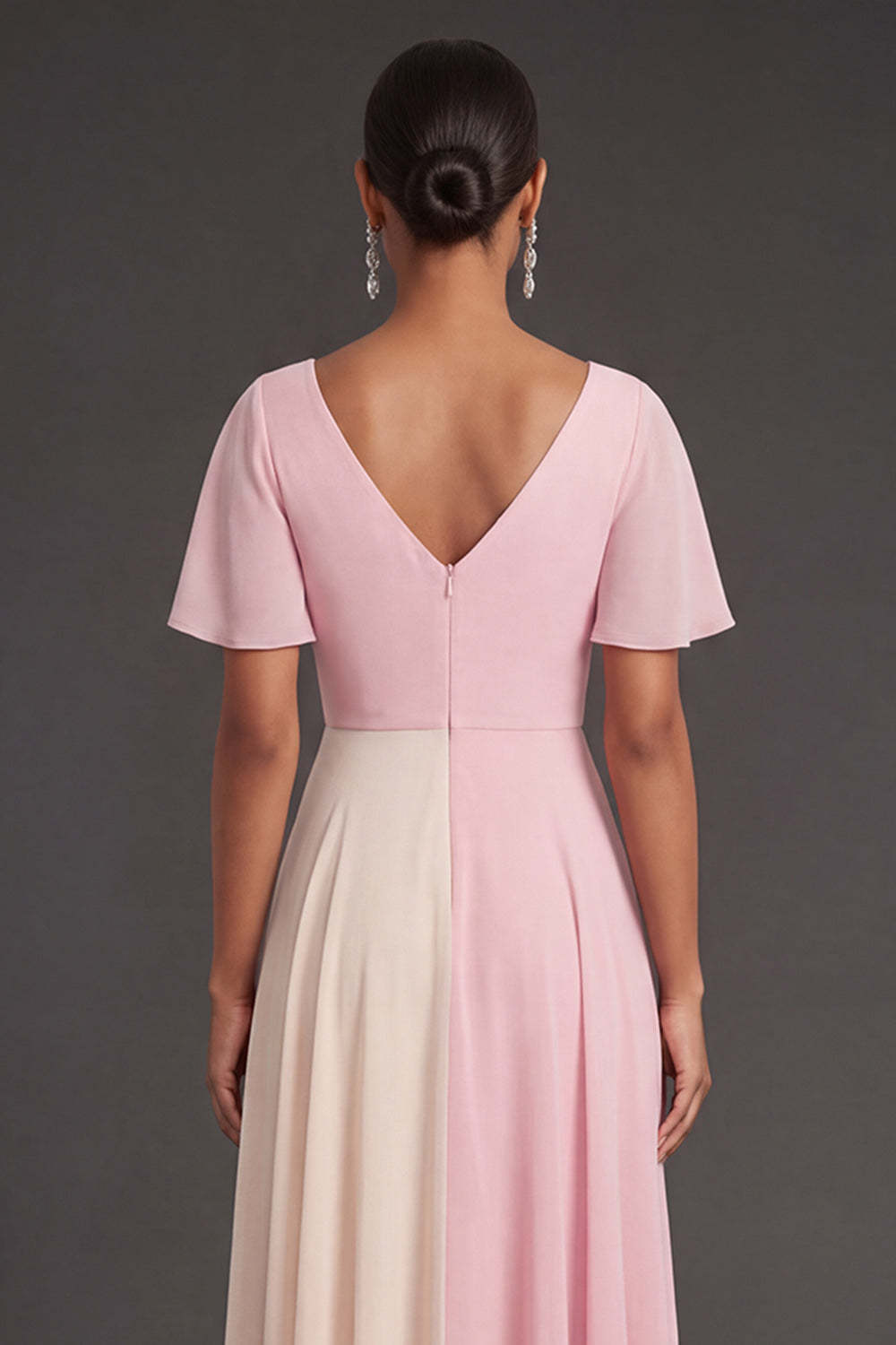 A Line Pink V Neck Short Sleeves Midi Formal Dress