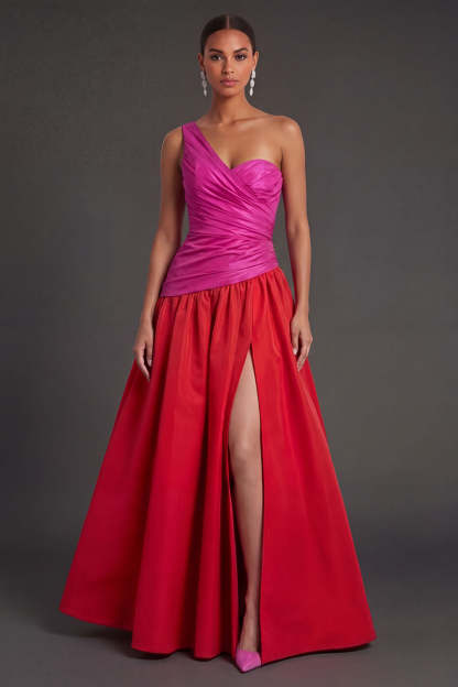 Leely Women A Line Fuchsia and Red Ruched Long Formal Dress with Slit One Shoulder Backless Sleeveless Wedding Guest Dress