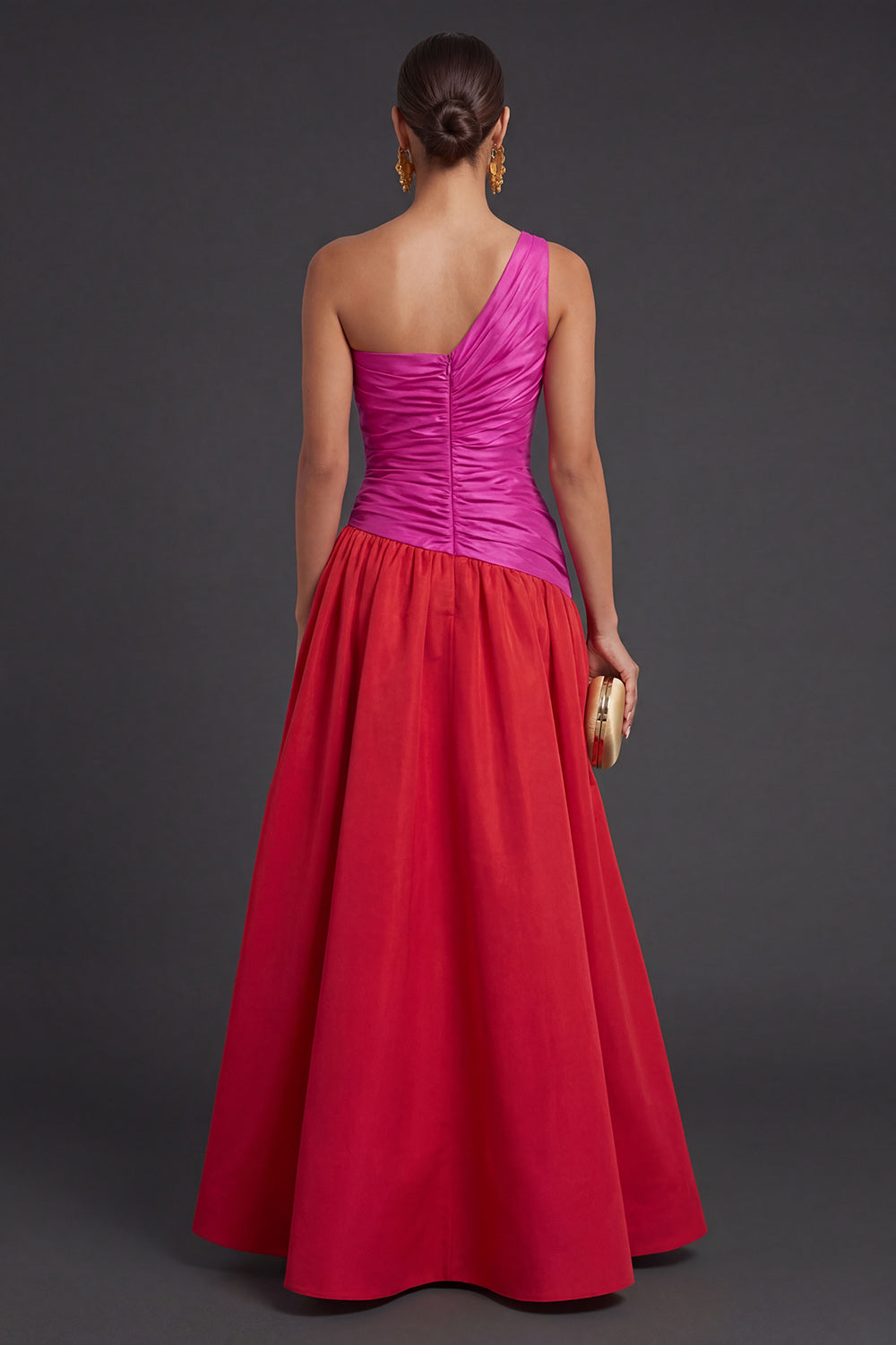 A Line Fuchsia and Red One Shoulder Ruched Long Formal Dress with Slit