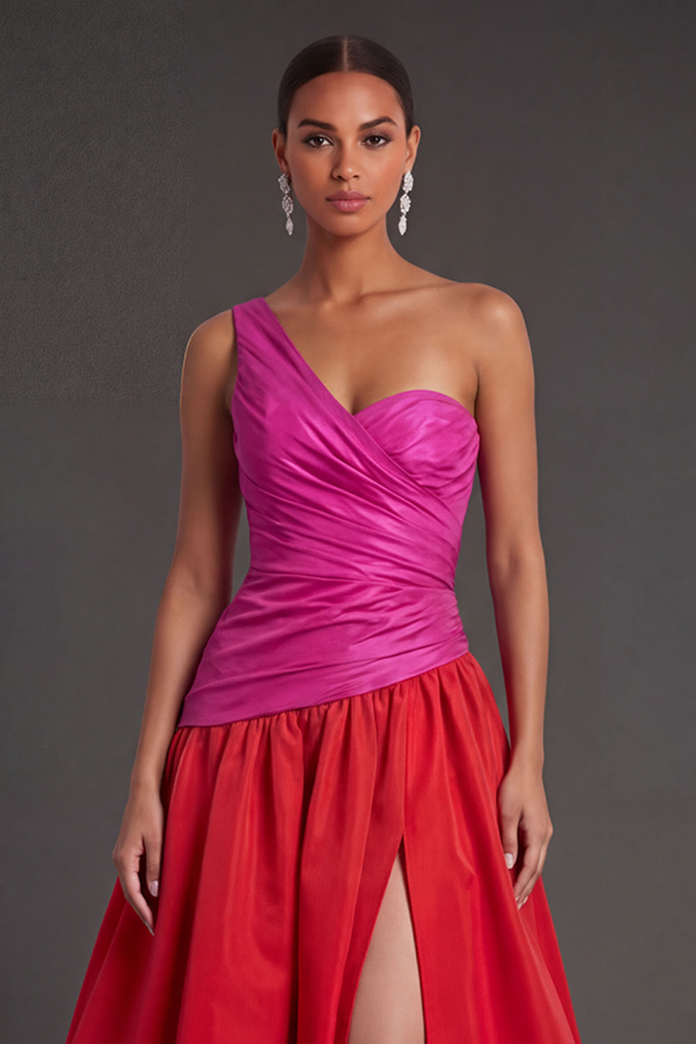 A Line Fuchsia and Red One Shoulder Ruched Long Formal Dress with Slit