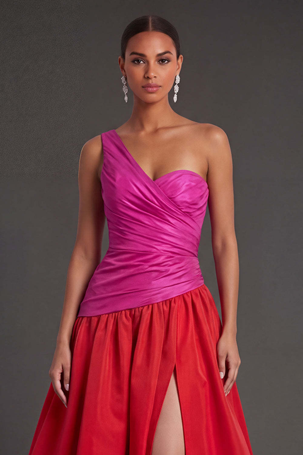 A Line Fuchsia and Red One Shoulder Ruched Long Formal Dress with Slit