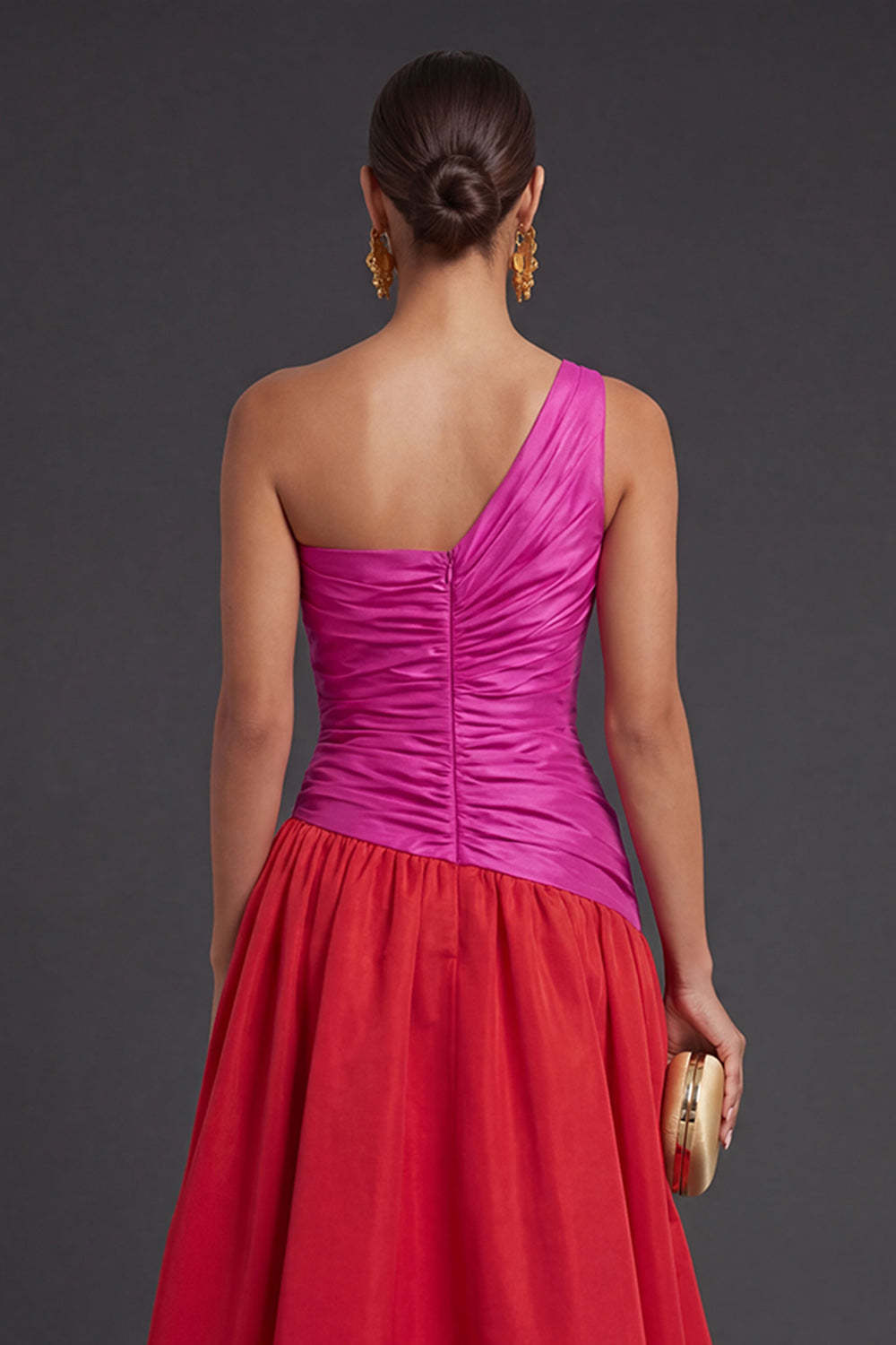 A Line Fuchsia and Red One Shoulder Ruched Long Formal Dress with Slit