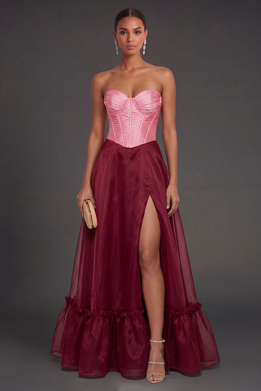 Leely Women Pink and Burgundy A Line Corset Long Formal Dress with Slit Sweetheart Backless Sleeveless Wedding Guest Dress