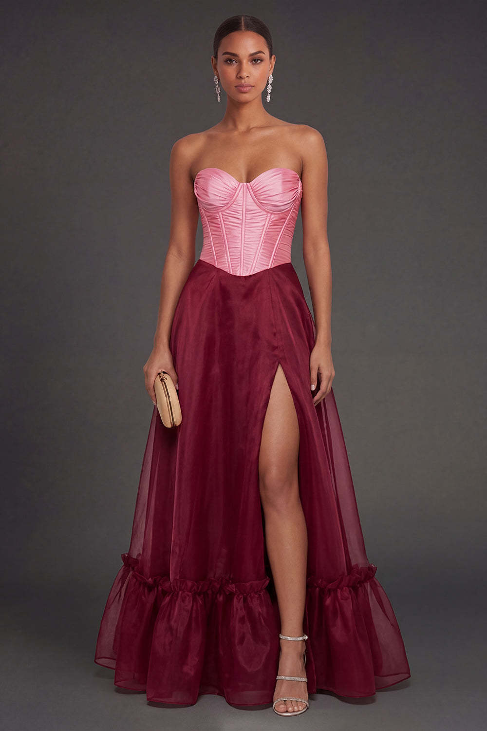 Leely Women Pink and Burgundy A Line Corset Long Formal Dress with Slit Sweetheart Backless Sleeveless Wedding Guest Dress