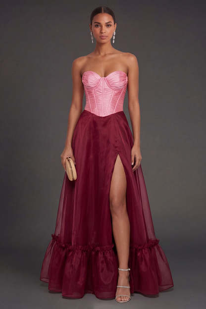 Leely Women Pink and Burgundy A Line Corset Long Formal Dress with Slit Sweetheart Backless Sleeveless Wedding Guest Dress