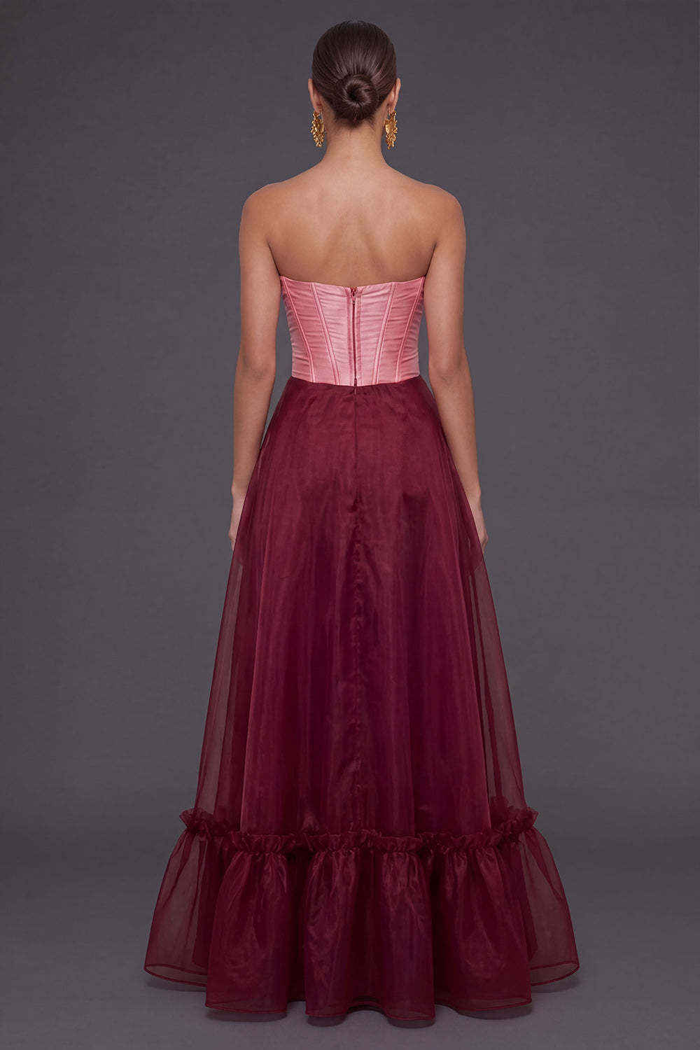 Pink and Burgundy A Line Corset Sweetheart Long Formal Dress with Slit