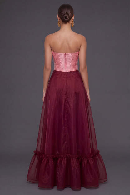 Pink and Burgundy A Line Corset Sweetheart Long Formal Dress with Slit
