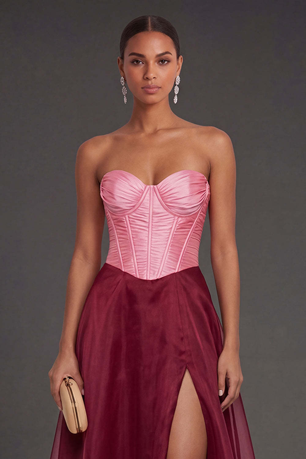 Pink and Burgundy A Line Corset Sweetheart Long Formal Dress with Slit