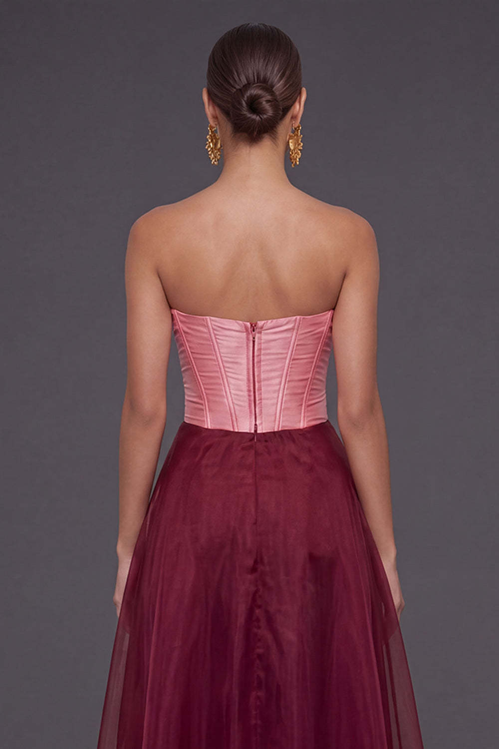 Pink and Burgundy A Line Corset Sweetheart Long Formal Dress with Slit