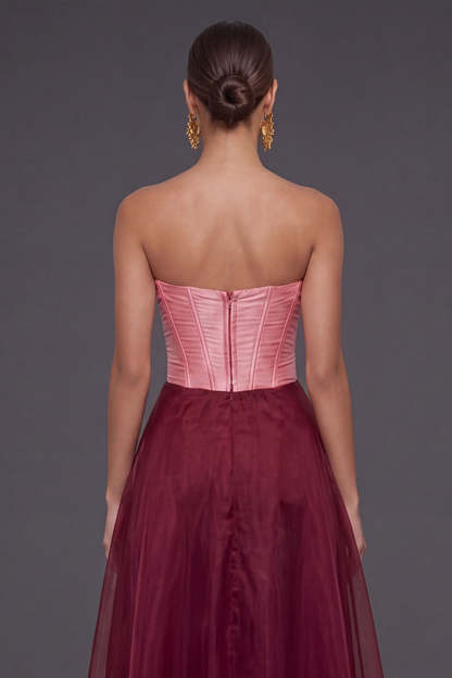 Pink and Burgundy A Line Corset Sweetheart Long Formal Dress with Slit