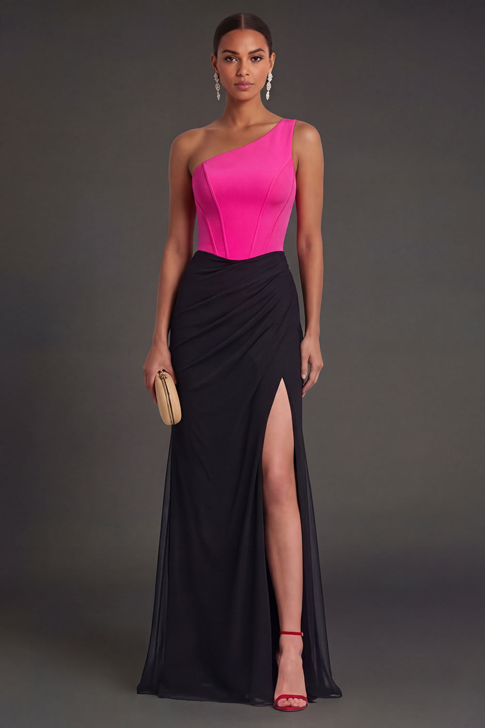 Fuchsia and Black Mermaid One Shoulder Ruched Corset Long Formal Dress with Slit