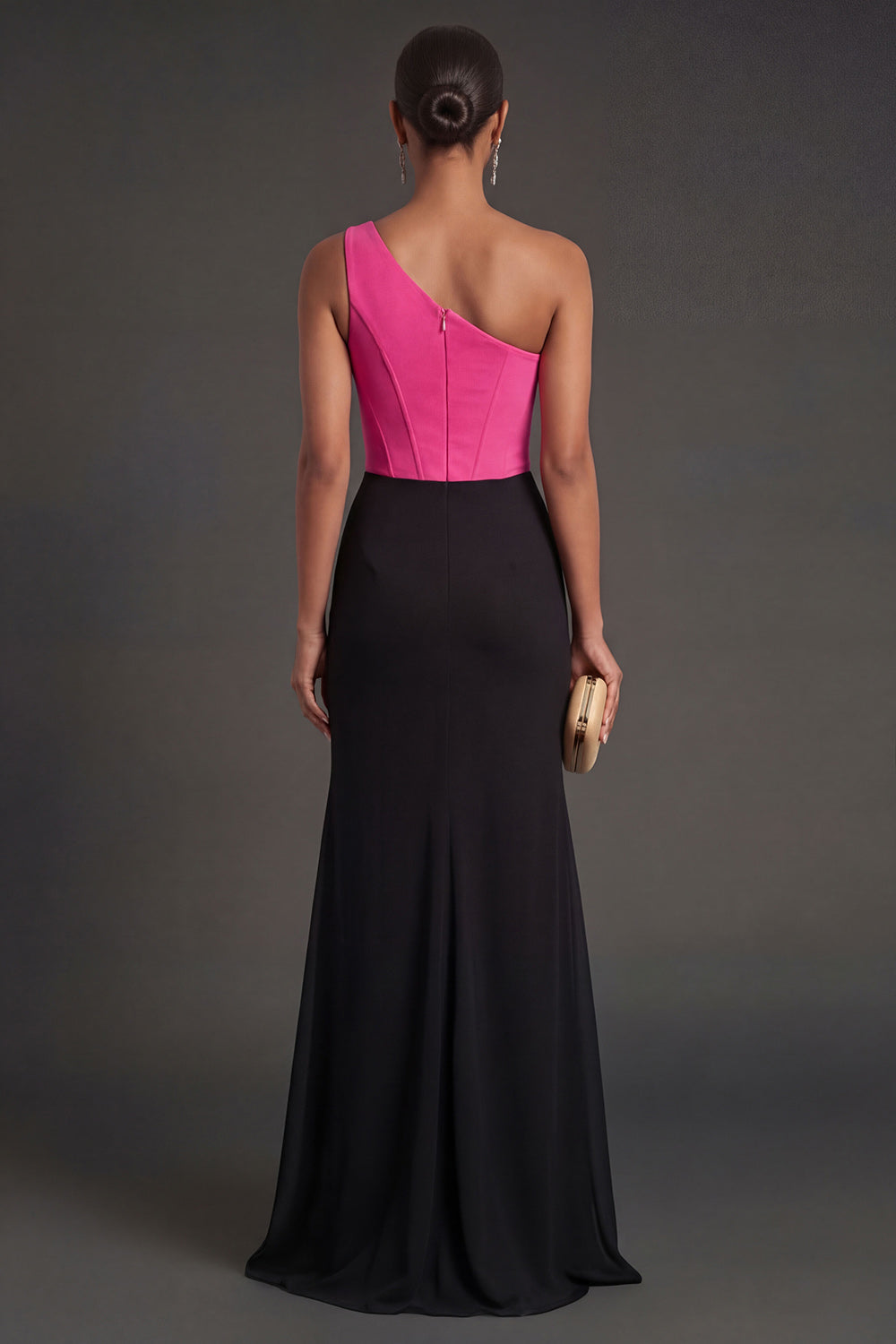 Fuchsia and Black Mermaid One Shoulder Ruched Corset Long Formal Dress with Slit
