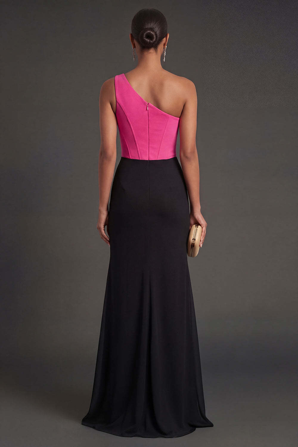 Fuchsia and Black Mermaid One Shoulder Ruched Corset Long Formal Dress with Slit