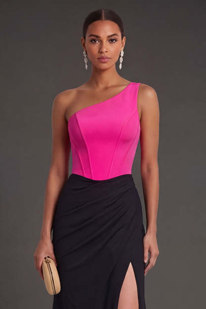 Fuchsia and Black Mermaid One Shoulder Ruched Corset Long Formal Dress with Slit