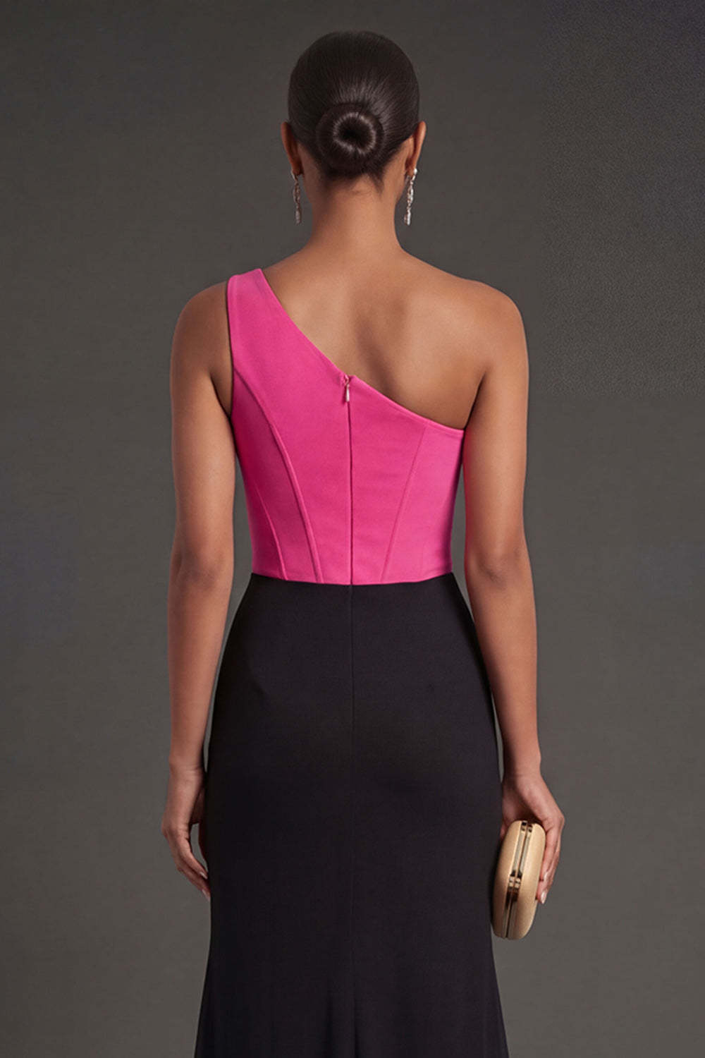 Fuchsia and Black Mermaid One Shoulder Ruched Corset Long Formal Dress with Slit