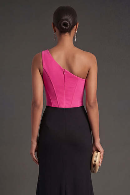 Fuchsia and Black Mermaid One Shoulder Ruched Corset Long Formal Dress with Slit