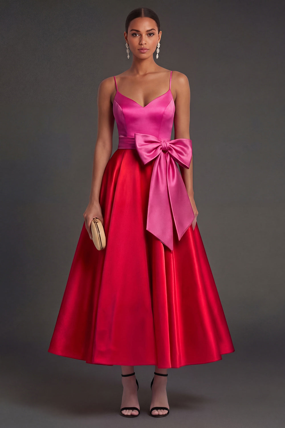 Leely Women Fuchsia and Red A Line Satin Long Formal Dress with Bow Spaghetti Straps Backless Sleeveless Wedding Guest Dress