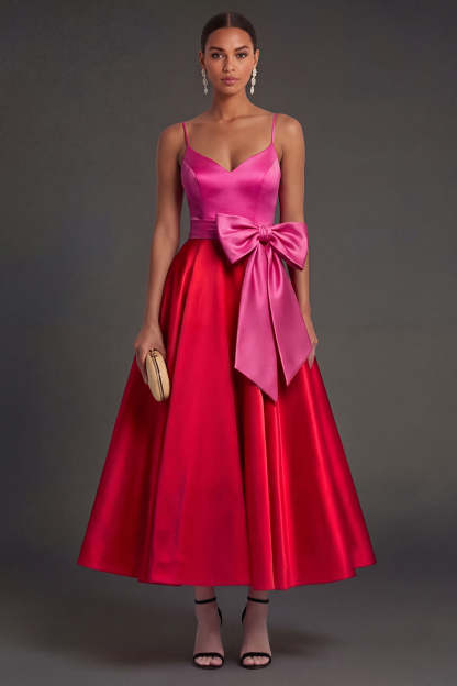 Leely Women Fuchsia and Red A Line Satin Long Formal Dress with Bow Spaghetti Straps Backless Sleeveless Wedding Guest Dress