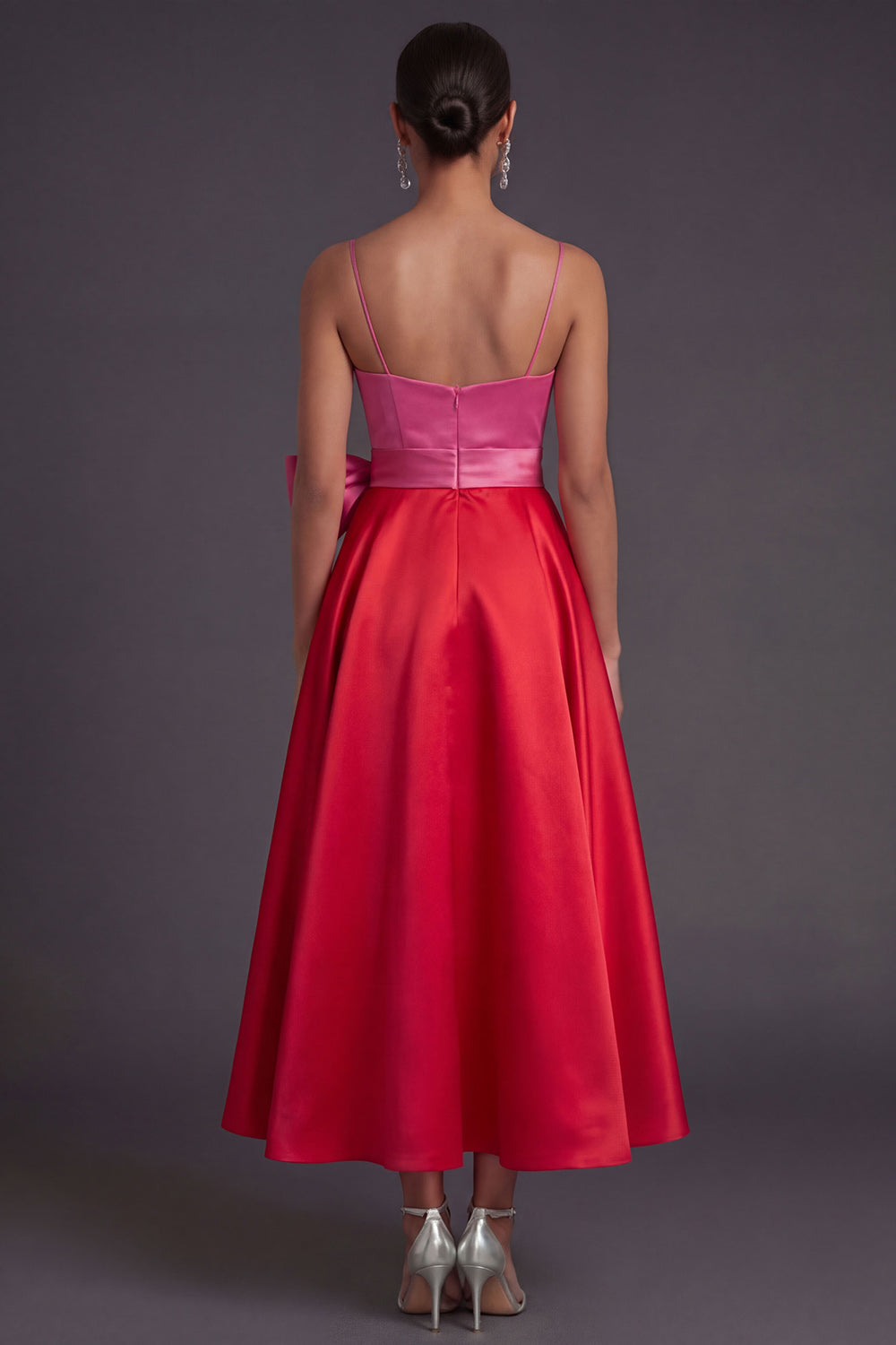Fuchsia and Red A Line Satin Spaghetti Straps Long Formal Dress with Bow