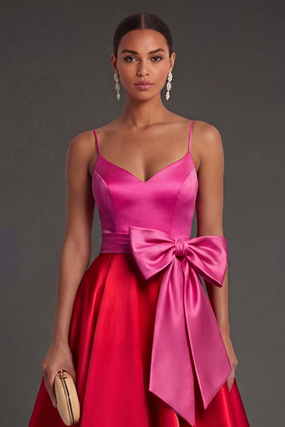 Fuchsia and Red A Line Satin Spaghetti Straps Long Formal Dress with Bow