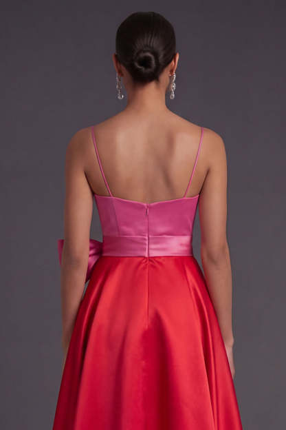 Fuchsia and Red A Line Satin Spaghetti Straps Long Formal Dress with Bow