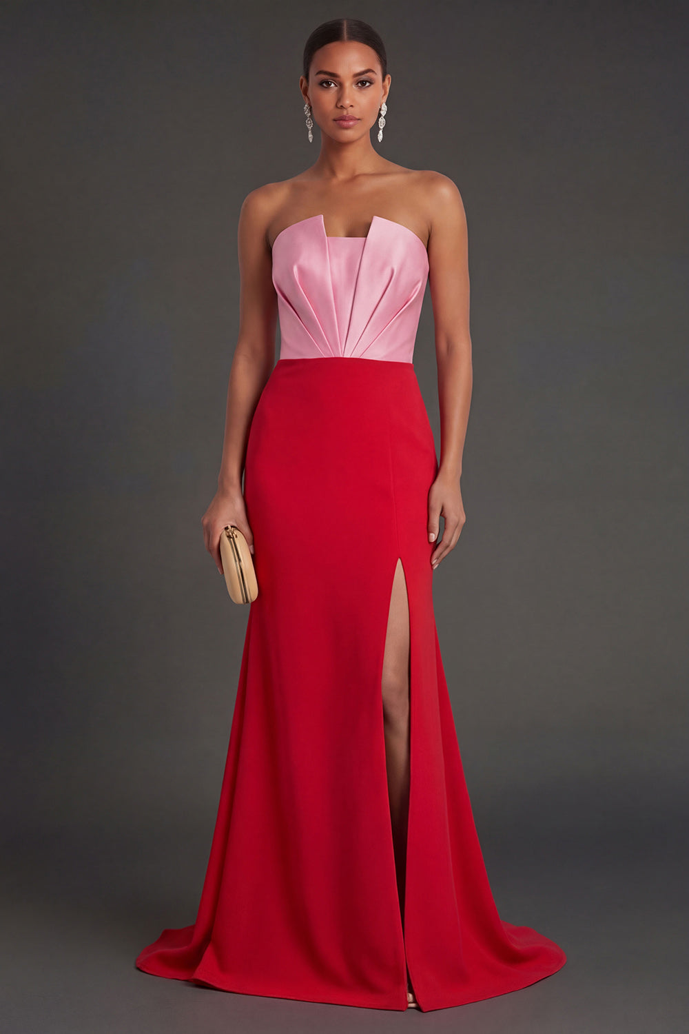 Pink and Red Mermaid Ruched Strapless Long Formal Dress with Slit