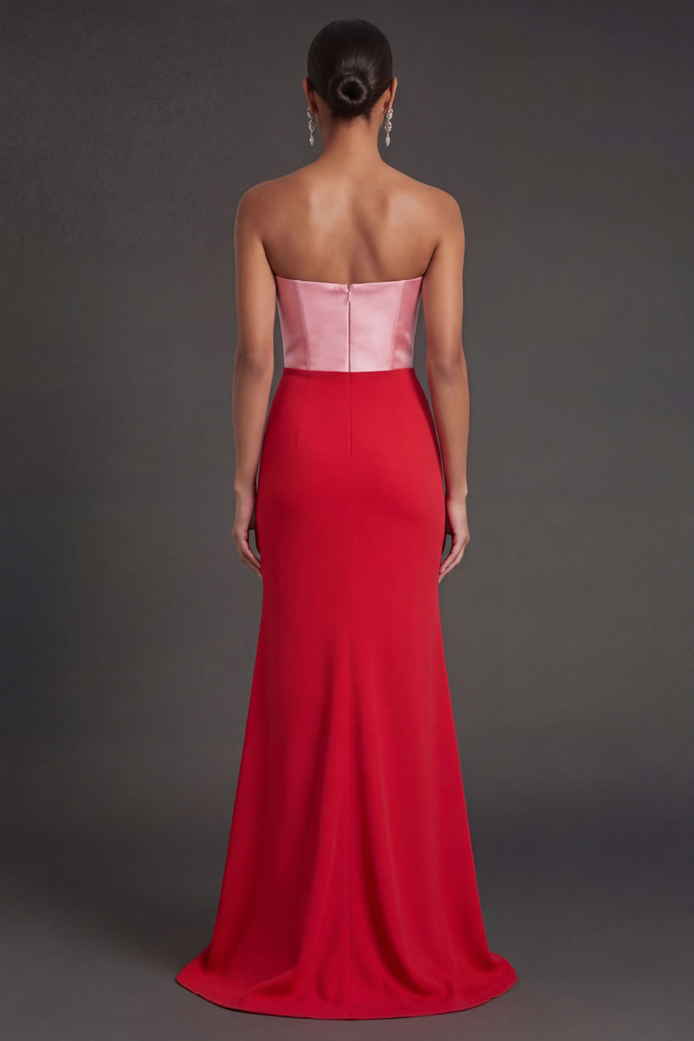 Pink and Red Mermaid Ruched Strapless Long Formal Dress with Slit
