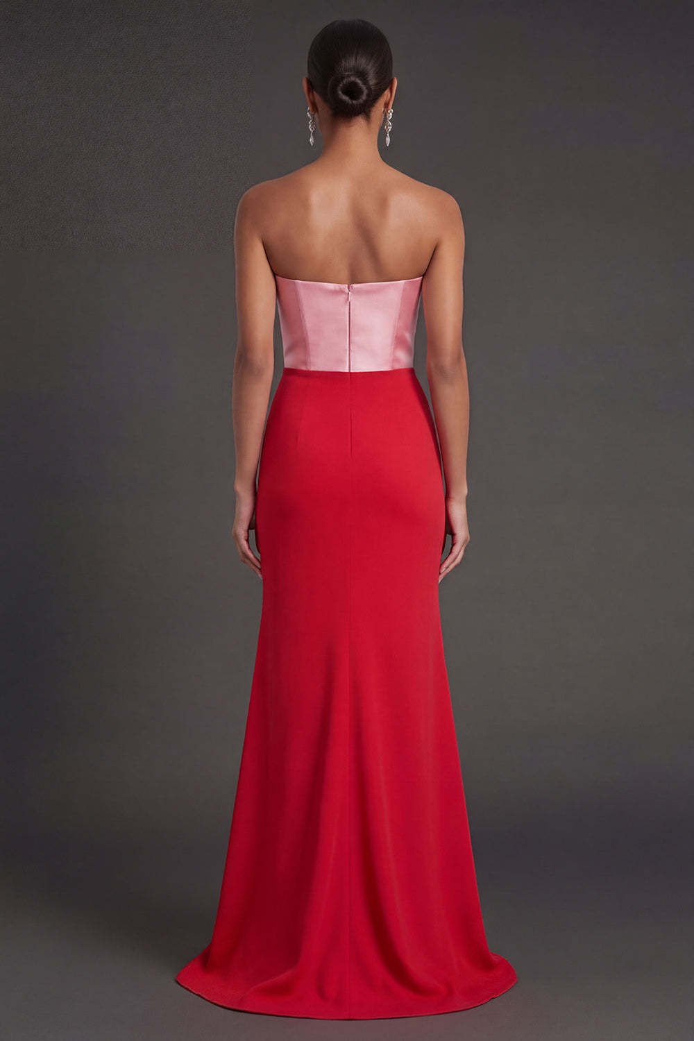 Pink and Red Mermaid Ruched Strapless Long Formal Dress with Slit