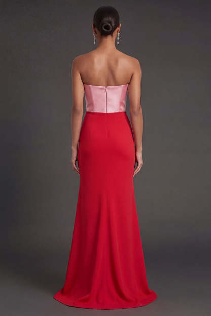 Pink and Red Mermaid Ruched Strapless Long Formal Dress with Slit