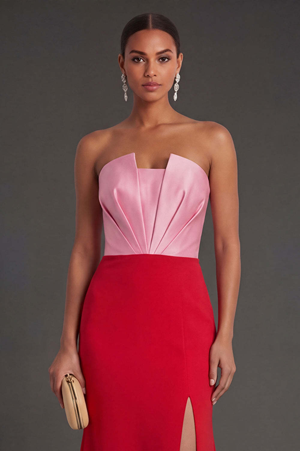 Pink and Red Mermaid Ruched Strapless Long Formal Dress with Slit