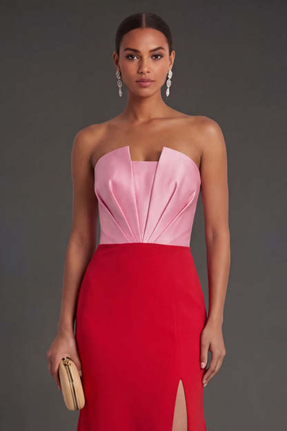 Pink and Red Mermaid Ruched Strapless Long Formal Dress with Slit