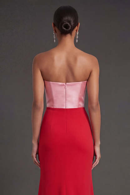 Pink and Red Mermaid Ruched Strapless Long Formal Dress with Slit