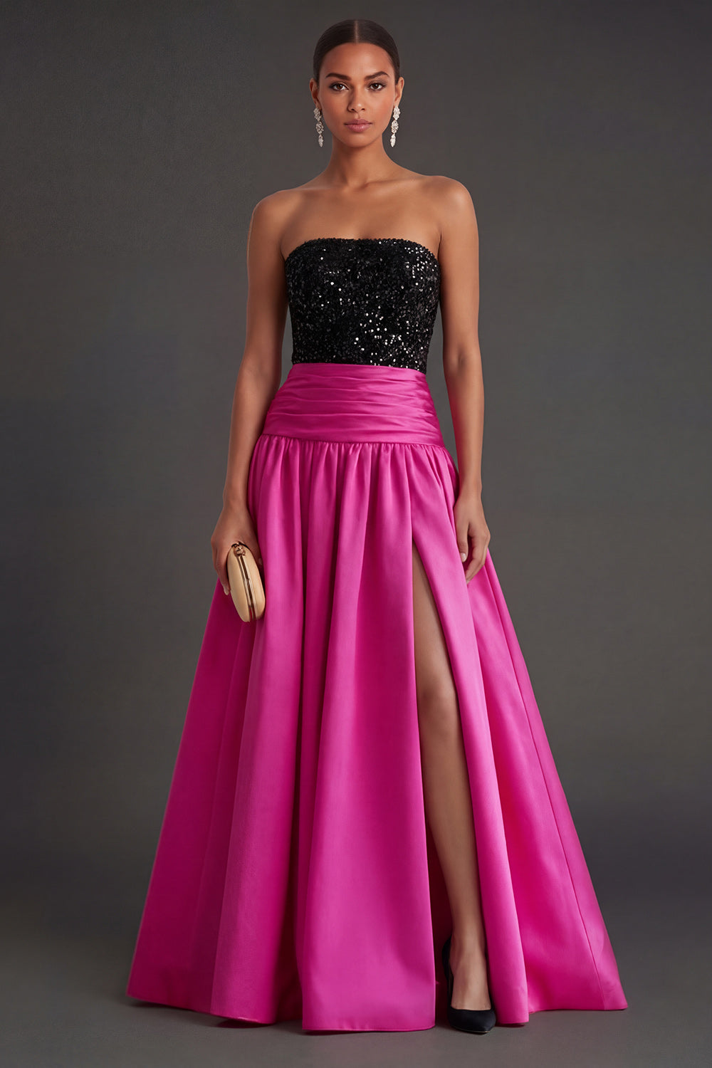 Sparkly Beaded Fuchsia and Black A Line Strapless Long Formal Dress with Slit