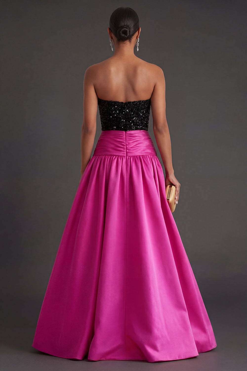 Sparkly Beaded Fuchsia and Black A Line Strapless Long Formal Dress with Slit