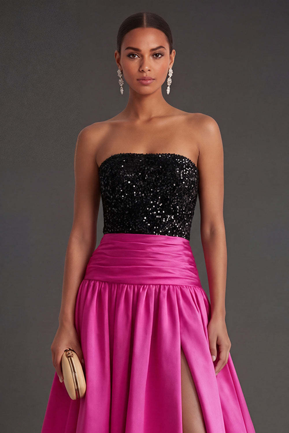 Sparkly Beaded Fuchsia and Black A Line Strapless Long Formal Dress with Slit