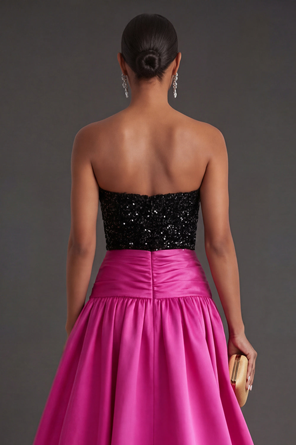 Sparkly Beaded Fuchsia and Black A Line Strapless Long Formal Dress with Slit