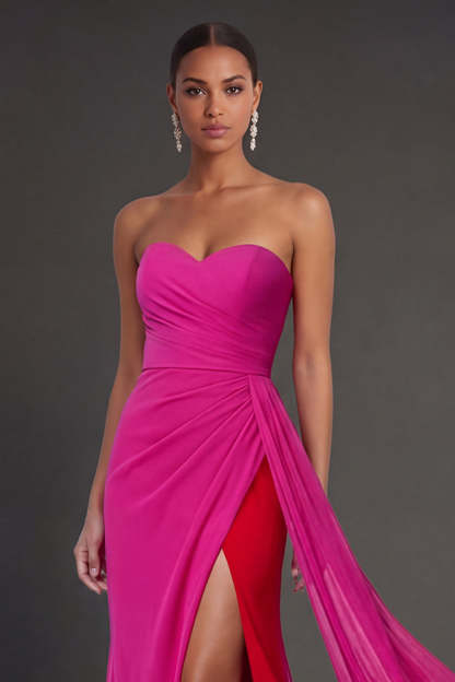 Fuchsia Mermaid Ruched Sweetheart Long Formal Dress with Slit
